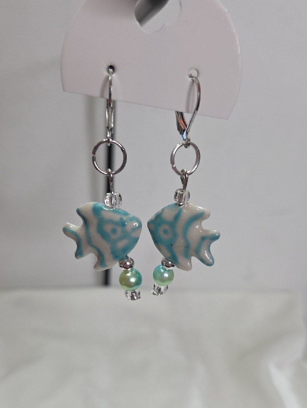 Women's Handcrafted Cream Blue Fish Pierced Earrings Lever Back Handmade Unique